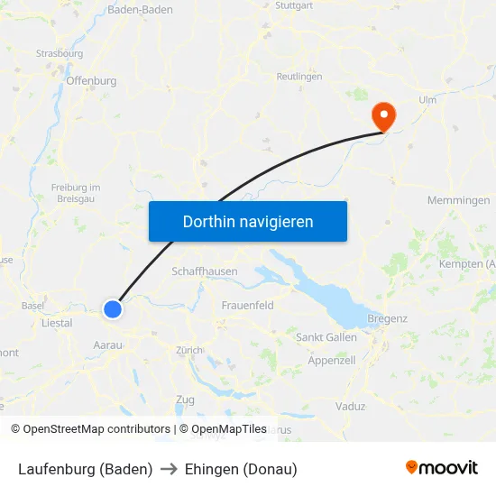 Laufenburg (Baden) to Ehingen (Donau) map