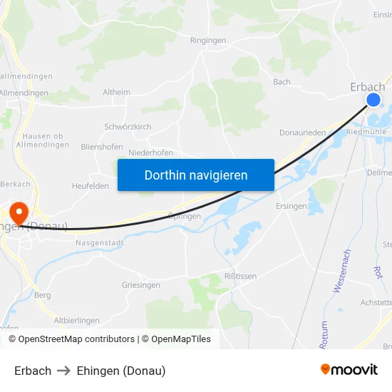 Erbach to Ehingen (Donau) map