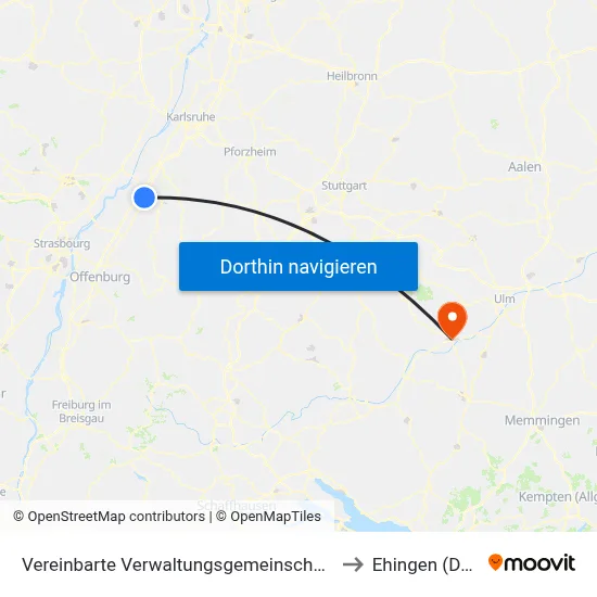 Vereinbarte Verwaltungsgemeinschaft Sinzheim to Ehingen (Donau) map