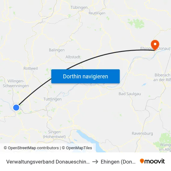 Verwaltungsverband Donaueschingen to Ehingen (Donau) map