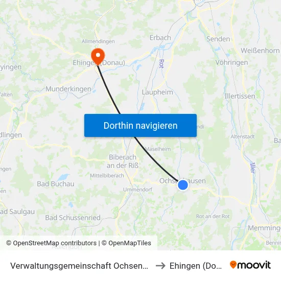 Verwaltungsgemeinschaft Ochsenhausen to Ehingen (Donau) map