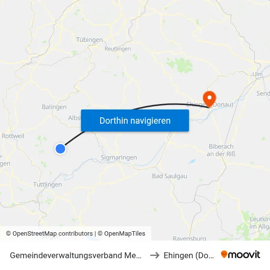 Gemeindeverwaltungsverband Meßstetten to Ehingen (Donau) map