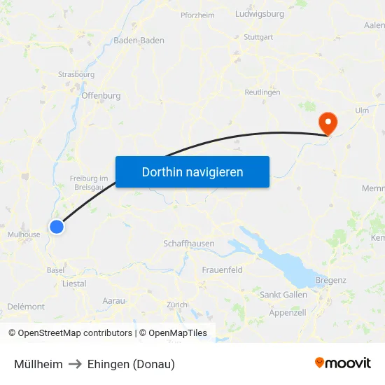 Müllheim to Ehingen (Donau) map