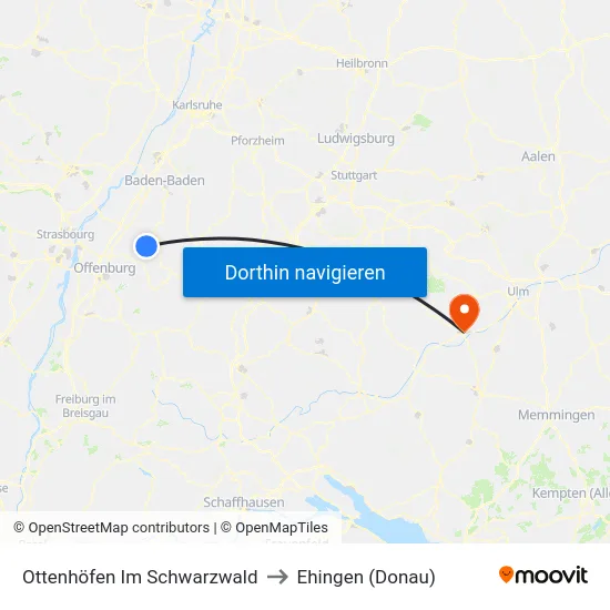 Ottenhöfen Im Schwarzwald to Ehingen (Donau) map