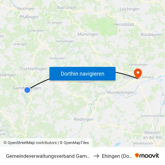 Gemeindeverwaltungsverband Gammertingen to Ehingen (Donau) map
