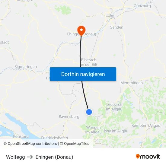 Wolfegg to Ehingen (Donau) map