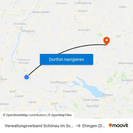 Verwaltungsverband Schönau Im Schwarzwald to Ehingen (Donau) map