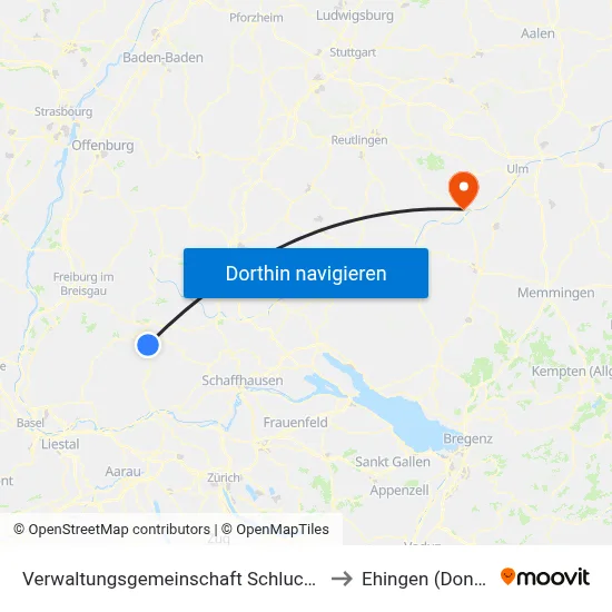 Verwaltungsgemeinschaft Schluchsee to Ehingen (Donau) map