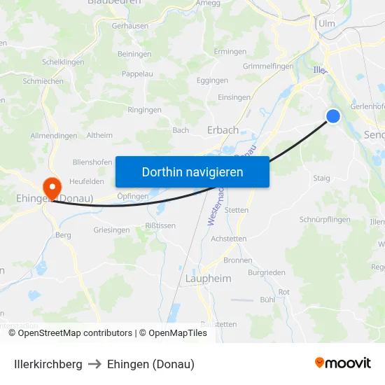 Illerkirchberg to Ehingen (Donau) map