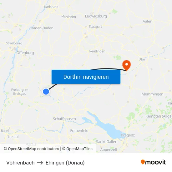 Vöhrenbach to Ehingen (Donau) map