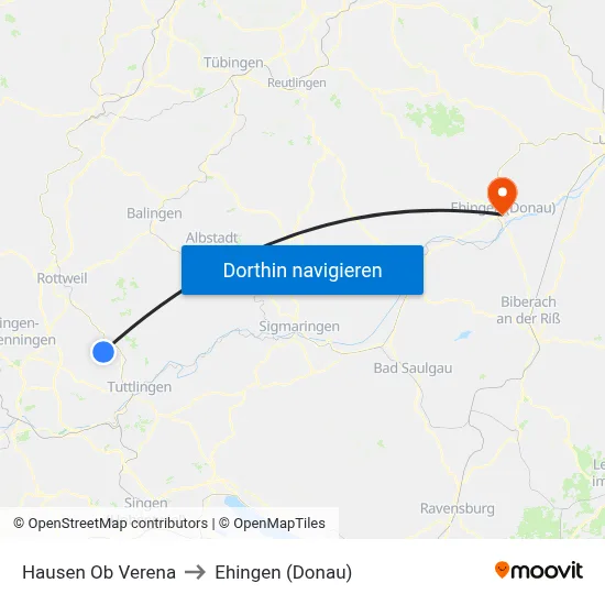 Hausen Ob Verena to Ehingen (Donau) map
