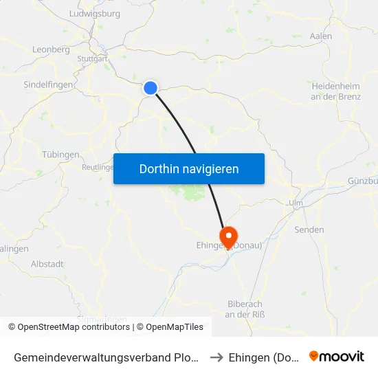 Gemeindeverwaltungsverband Plochingen to Ehingen (Donau) map