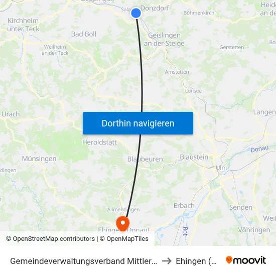 Gemeindeverwaltungsverband Mittleres Fils-Lautertal to Ehingen (Donau) map