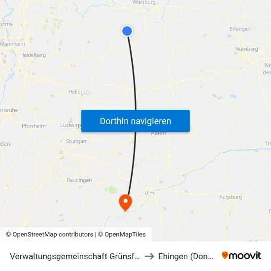 Verwaltungsgemeinschaft Grünsfeld to Ehingen (Donau) map