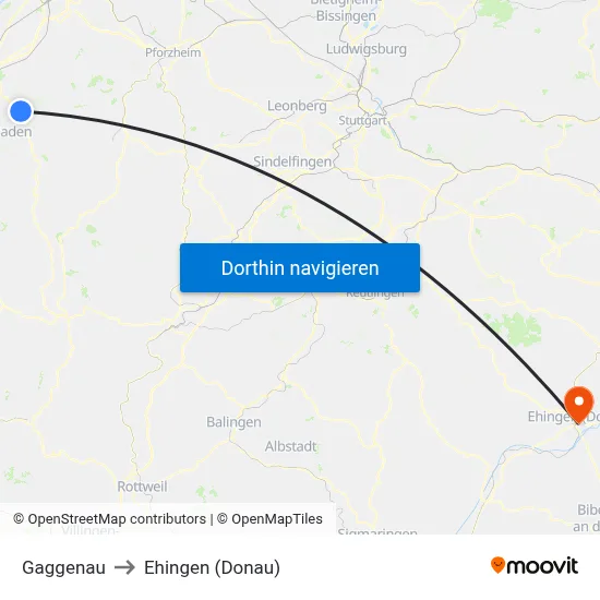 Gaggenau to Ehingen (Donau) map