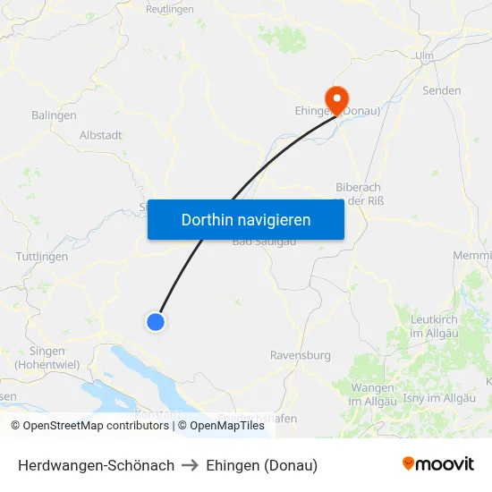Herdwangen-Schönach to Ehingen (Donau) map