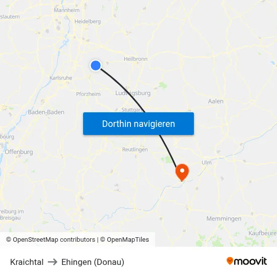 Kraichtal to Ehingen (Donau) map