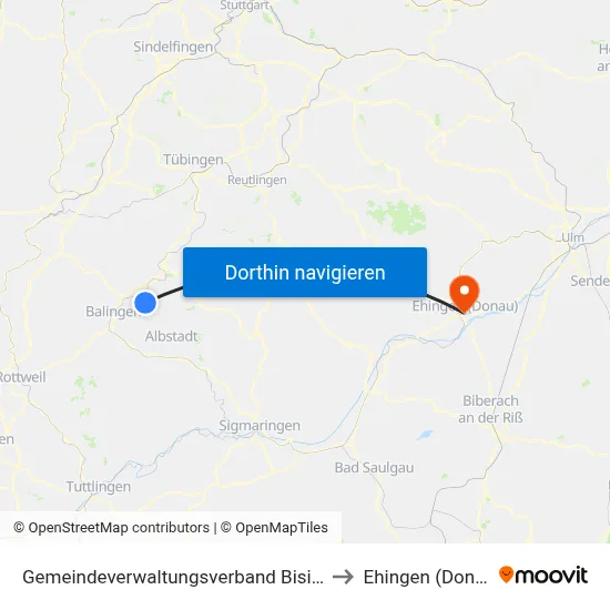 Gemeindeverwaltungsverband Bisingen to Ehingen (Donau) map