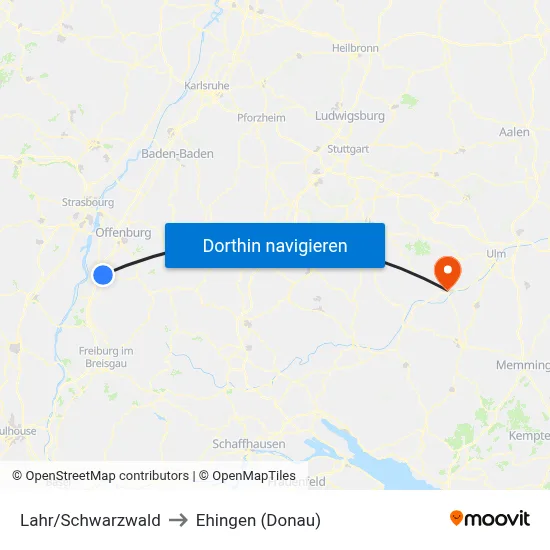 Lahr/Schwarzwald to Ehingen (Donau) map