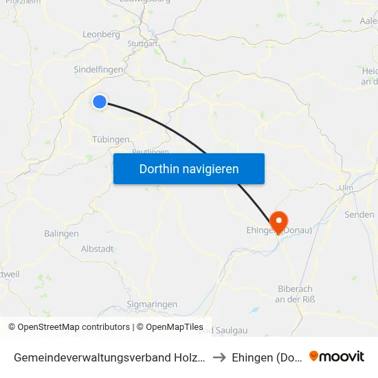 Gemeindeverwaltungsverband Holzgerlingen to Ehingen (Donau) map