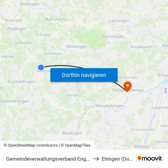 Gemeindeverwaltungsverband Engstingen to Ehingen (Donau) map