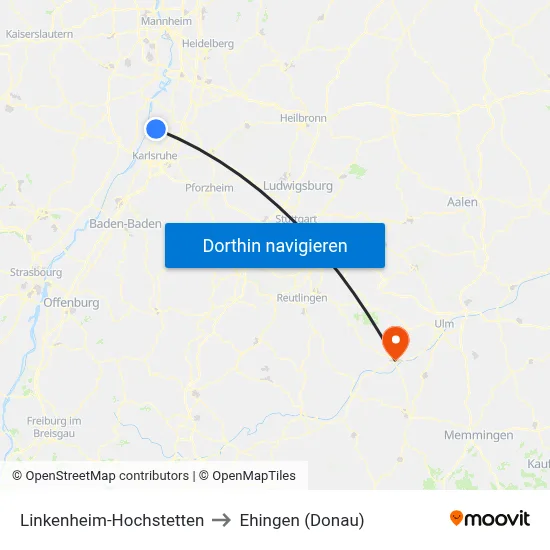 Linkenheim-Hochstetten to Ehingen (Donau) map