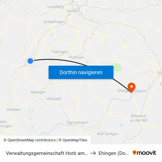 Verwaltungsgemeinschaft Horb am Neckar to Ehingen (Donau) map