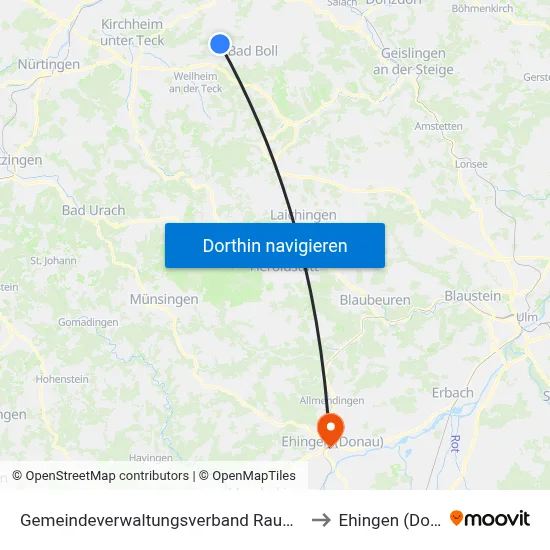 Gemeindeverwaltungsverband Raum Bad Boll to Ehingen (Donau) map