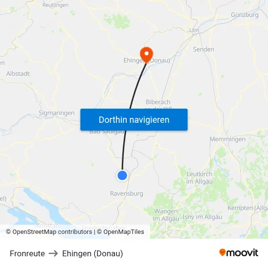 Fronreute to Ehingen (Donau) map