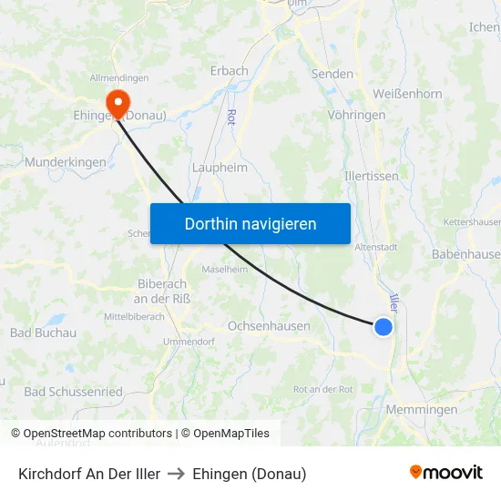 Kirchdorf An Der Iller to Ehingen (Donau) map