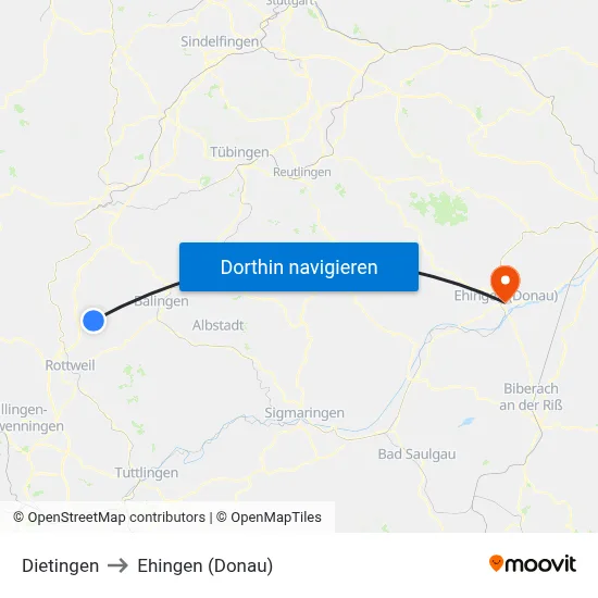 Dietingen to Ehingen (Donau) map