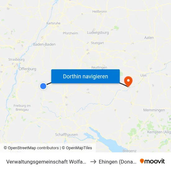 Verwaltungsgemeinschaft Wolfach to Ehingen (Donau) map