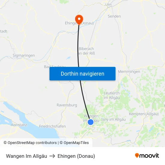 Wangen Im Allgäu to Ehingen (Donau) map