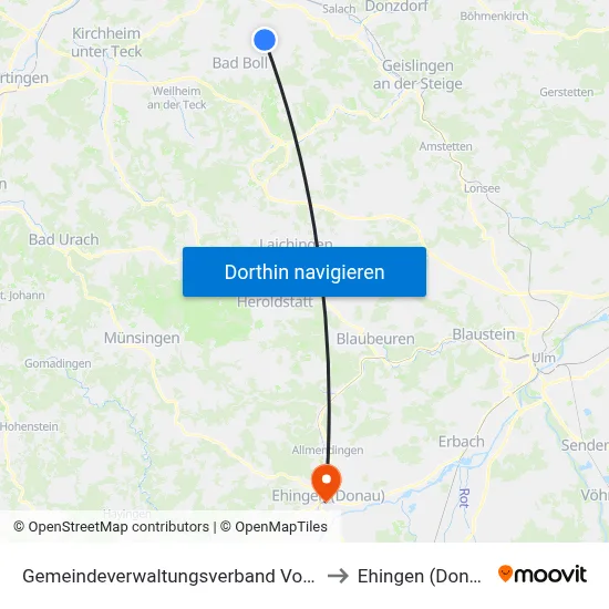 Gemeindeverwaltungsverband Voralb to Ehingen (Donau) map