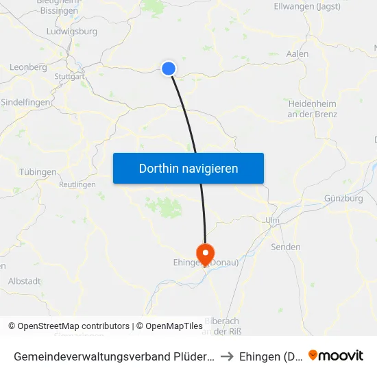 Gemeindeverwaltungsverband Plüderhausen-Urbach to Ehingen (Donau) map