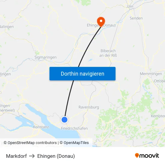 Markdorf to Ehingen (Donau) map