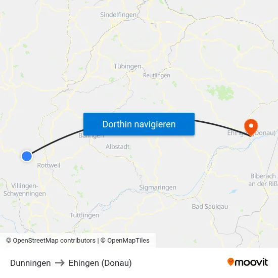 Dunningen to Ehingen (Donau) map
