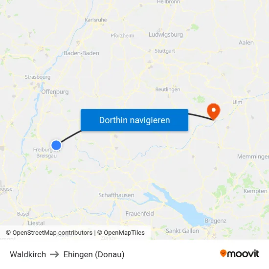 Waldkirch to Ehingen (Donau) map