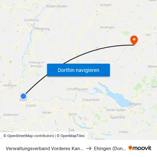 Verwaltungsverband Vorderes Kandertal to Ehingen (Donau) map