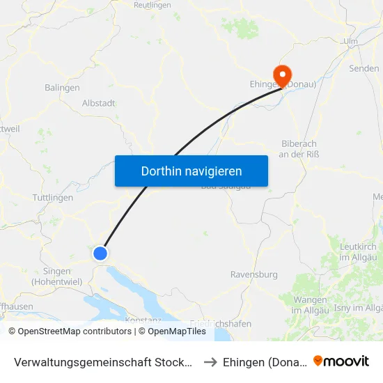 Verwaltungsgemeinschaft Stockach to Ehingen (Donau) map