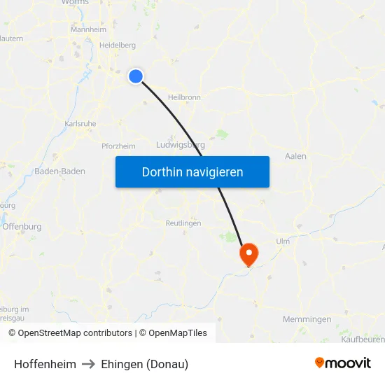 Hoffenheim to Ehingen (Donau) map