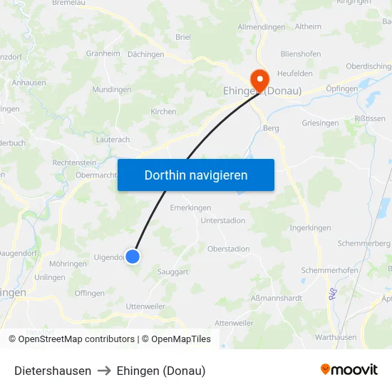 Dietershausen to Ehingen (Donau) map