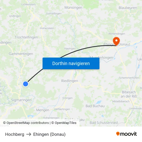 Hochberg to Ehingen (Donau) map