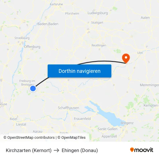 Kirchzarten (Kernort) to Ehingen (Donau) map