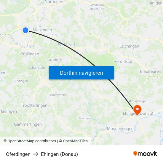 Oferdingen to Ehingen (Donau) map
