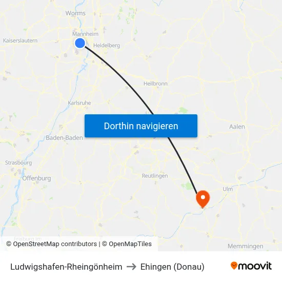 Ludwigshafen-Rheingönheim to Ehingen (Donau) map