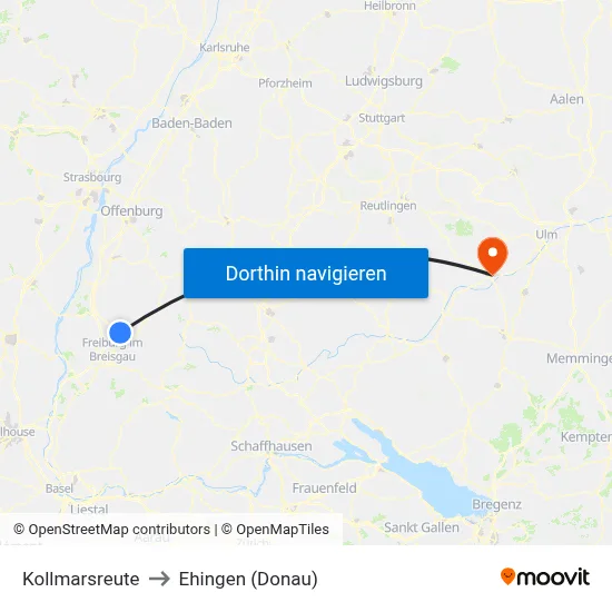 Kollmarsreute to Ehingen (Donau) map