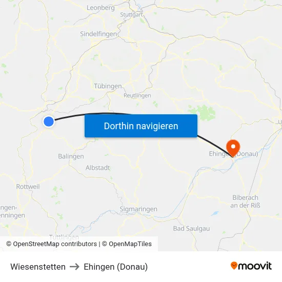 Wiesenstetten to Ehingen (Donau) map