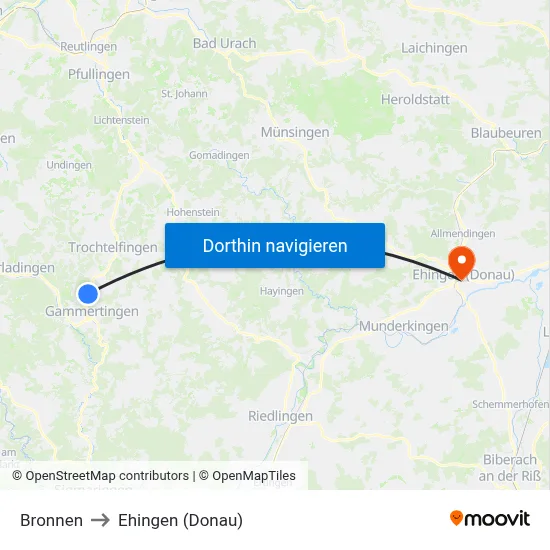 Bronnen to Ehingen (Donau) map