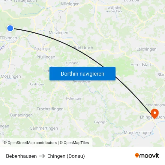 Bebenhausen to Ehingen (Donau) map